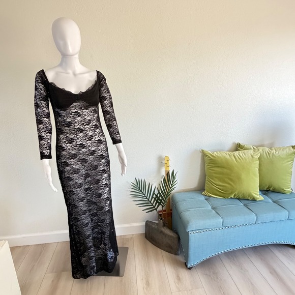 Long Sleeve Lace Maxi Dress Sexy Black Evening Cocktail Party Sheer Gown - Picture 1 of 9
